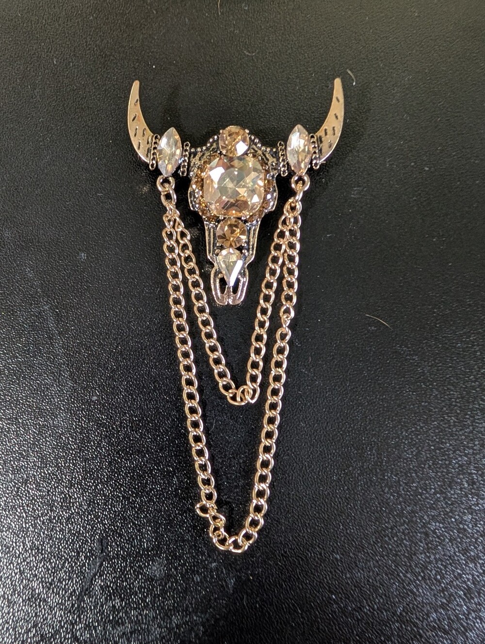 Crystal Bull Skull Chain Brooch - Gold-Tone Western Jewelry